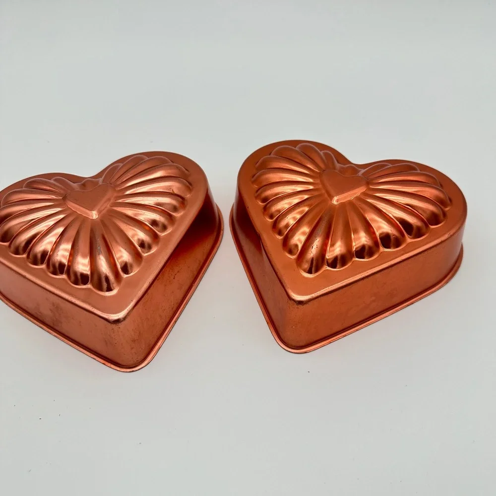 Vintage Copper Heart Jello Mold Set 2pc Sunburst Fluted Wall Hanging Decor